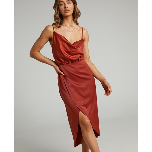 Showpo SISTERS BY HEART ASYMMETRIC COWL NECK MIDI DRESS IN COPPER SATIN - Picture 1 of 6